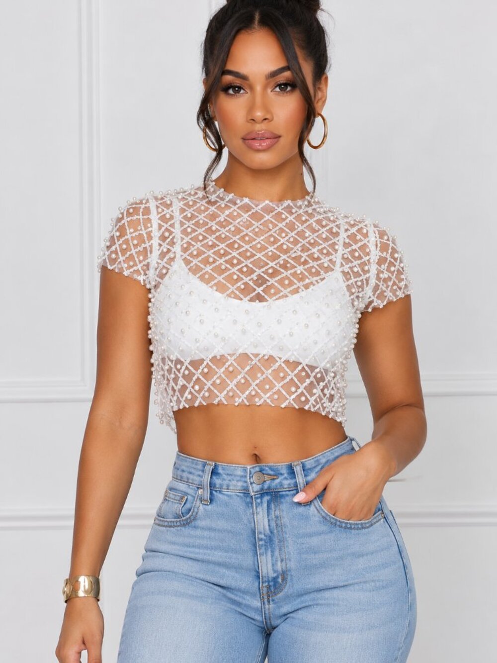NWT Hot & Delicious Pearl Sequin Mesh Crop Top White